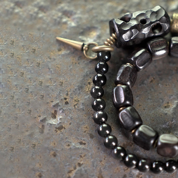Braccialetto doppio giro Buddha Stones Ebano Legno Ossidiana Nera Rame Ottone Pace
