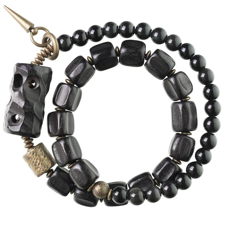 Braccialetto doppio giro Buddha Stones Ebano Legno Ossidiana Nera Rame Ottone Pace