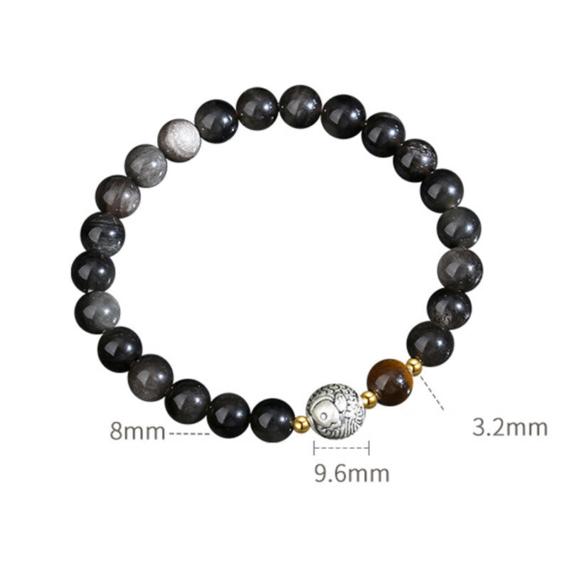 Buddha Stones Ossidiana nera Argento Sterling 999 Occhio di tigre Argento Sterling 925 Braccialetto di purificazione Koi Fish