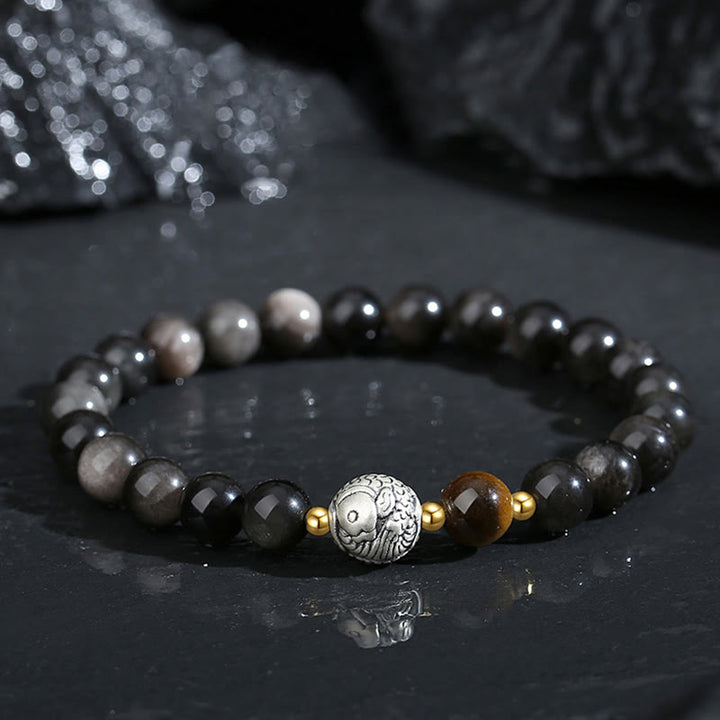 Buddha Stones Ossidiana nera Argento Sterling 999 Occhio di tigre Argento Sterling 925 Braccialetto di purificazione Koi Fish