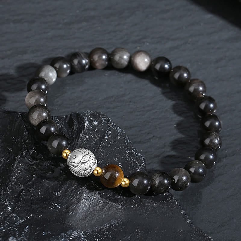 Buddha Stones Ossidiana nera Argento Sterling 999 Occhio di tigre Argento Sterling 925 Braccialetto di purificazione Koi Fish