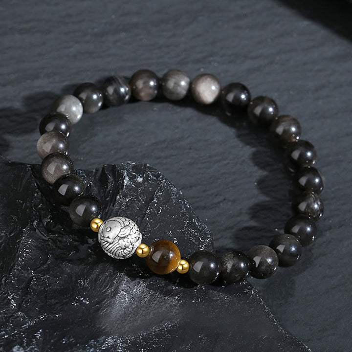 Buddha Stones Ossidiana nera Argento Sterling 999 Occhio di tigre Argento Sterling 925 Braccialetto di purificazione Koi Fish