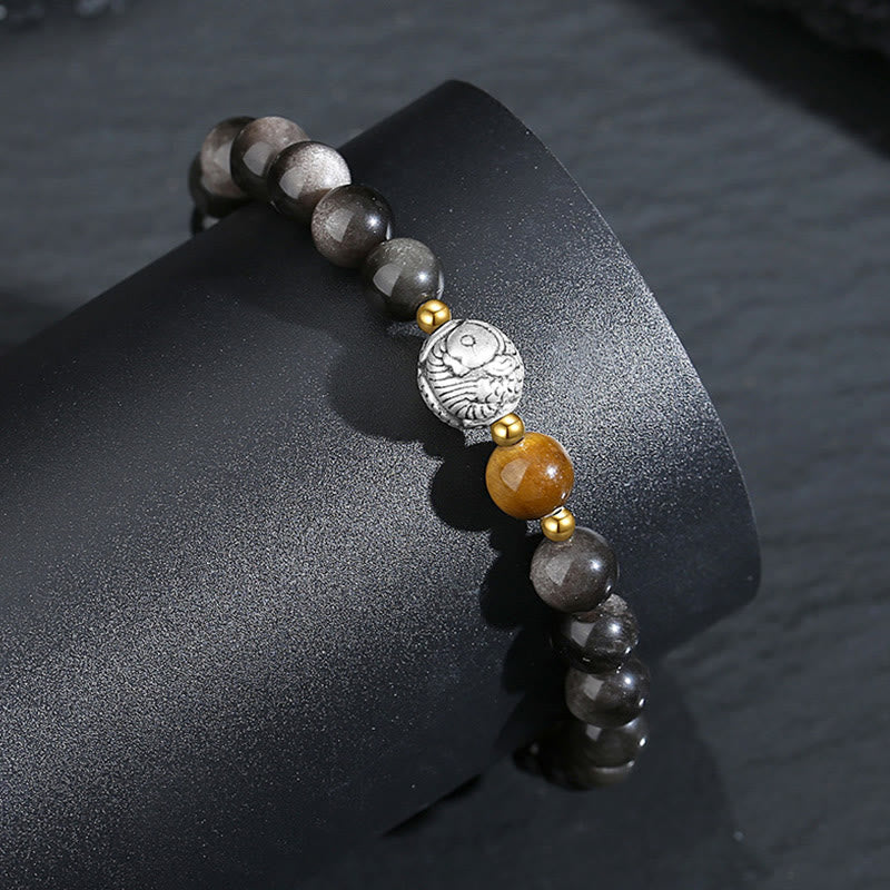 Buddha Stones Ossidiana nera Argento Sterling 999 Occhio di tigre Argento Sterling 925 Braccialetto di purificazione Koi Fish