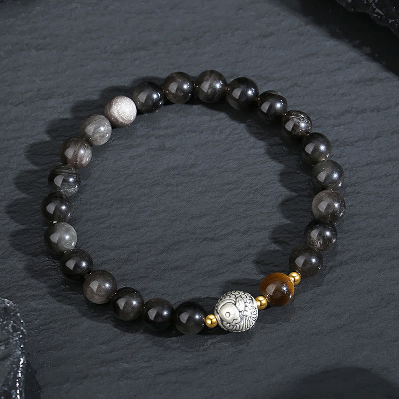 Buddha Stones Ossidiana nera Argento Sterling 999 Occhio di tigre Argento Sterling 925 Braccialetto di purificazione Koi Fish