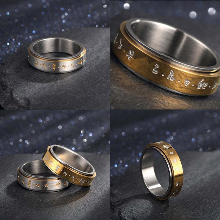 Anello girevole in acciaio al titanio con mantra tibetano Buddha Stones