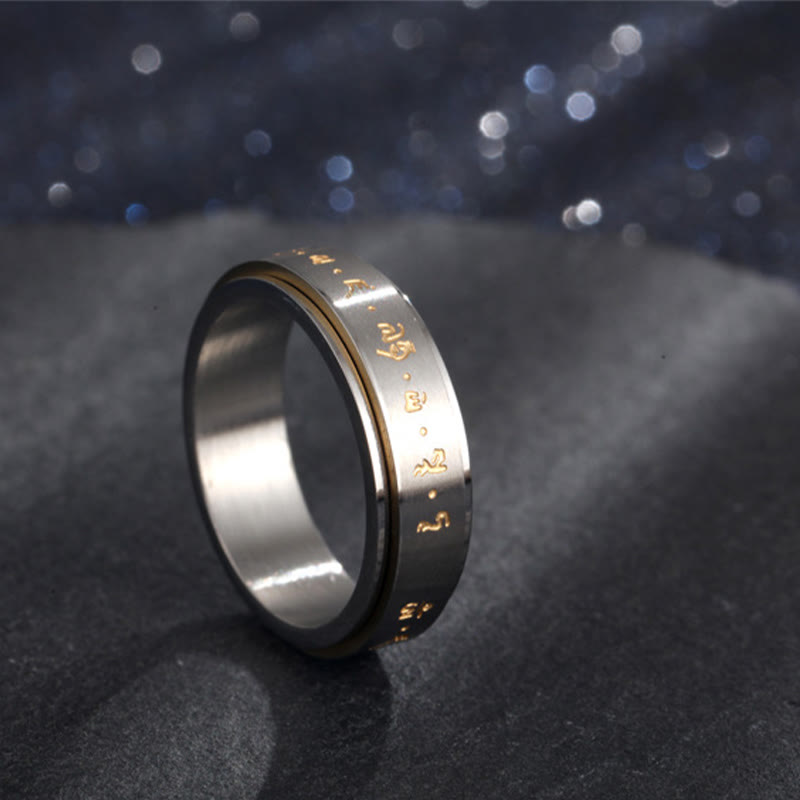 Anello girevole in acciaio al titanio con mantra tibetano Buddha Stones
