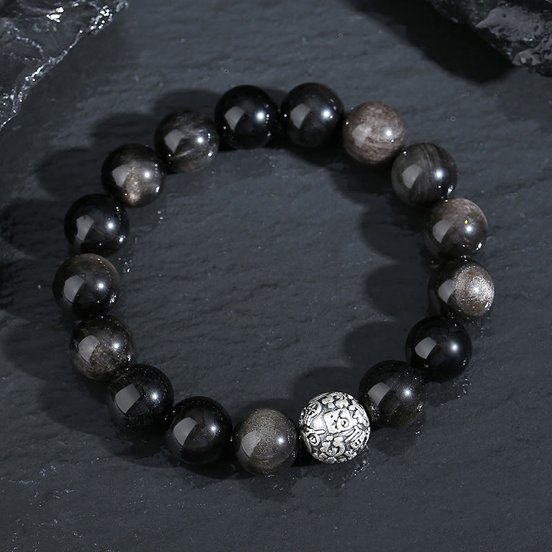 Bracciale Buddha Stones Ossidiana nera Argento Sterling 999 Purificazione Fu Carattere Trasformazione