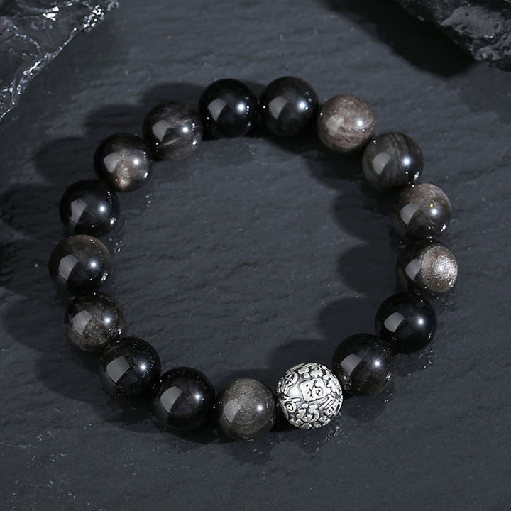 Bracciale Buddha Stones Ossidiana nera Argento Sterling 999 Purificazione Fu Carattere Trasformazione