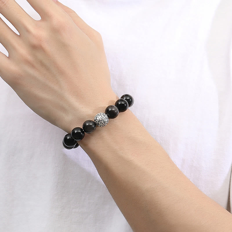 Bracciale Buddha Stones Ossidiana nera Argento Sterling 999 Purificazione Fu Carattere Trasformazione