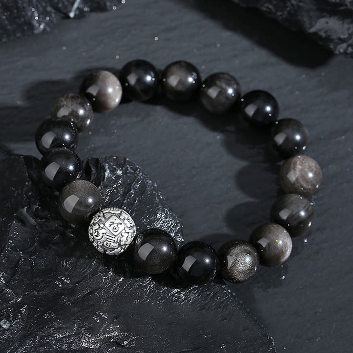Bracciale Buddha Stones Ossidiana nera Argento Sterling 999 Purificazione Fu Carattere Trasformazione