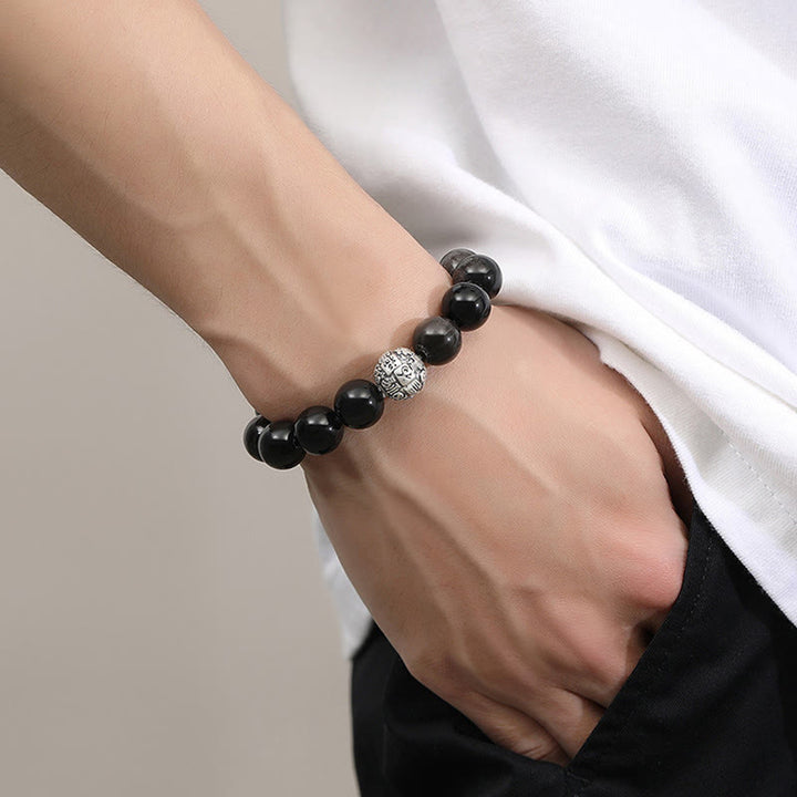 Bracciale Buddha Stones Ossidiana nera Argento Sterling 999 Purificazione Fu Carattere Trasformazione