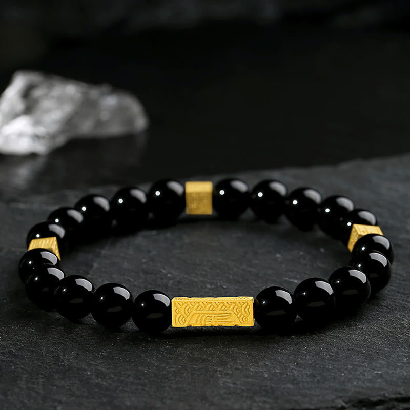 Bracciale Buddha Stones in ossidiana nera, argento sterling 925, carattere Fu, cubo, forza