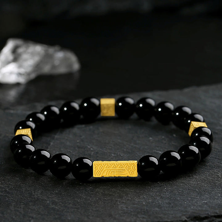 Bracciale Buddha Stones in ossidiana nera, argento sterling 925, carattere Fu, cubo, forza