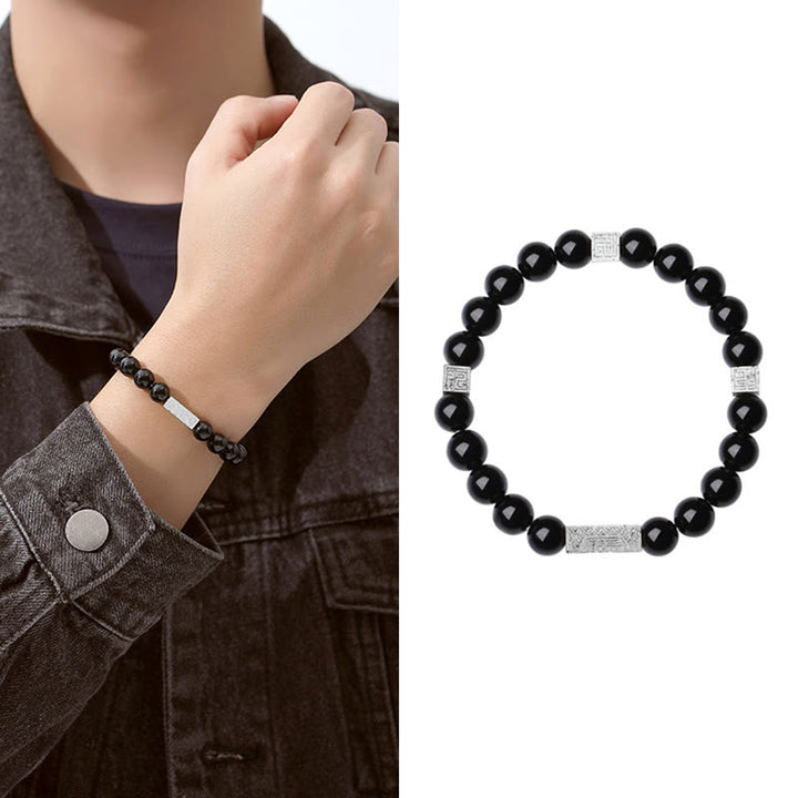 Bracciale Buddha Stones in ossidiana nera, argento sterling 925, carattere Fu, cubo, forza
