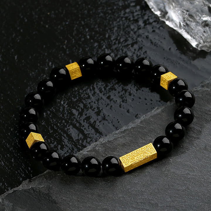 Bracciale Buddha Stones in ossidiana nera, argento sterling 925, carattere Fu, cubo, forza