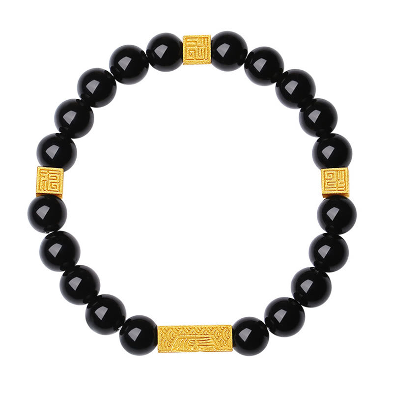 Bracciale Buddha Stones in ossidiana nera, argento sterling 925, carattere Fu, cubo, forza