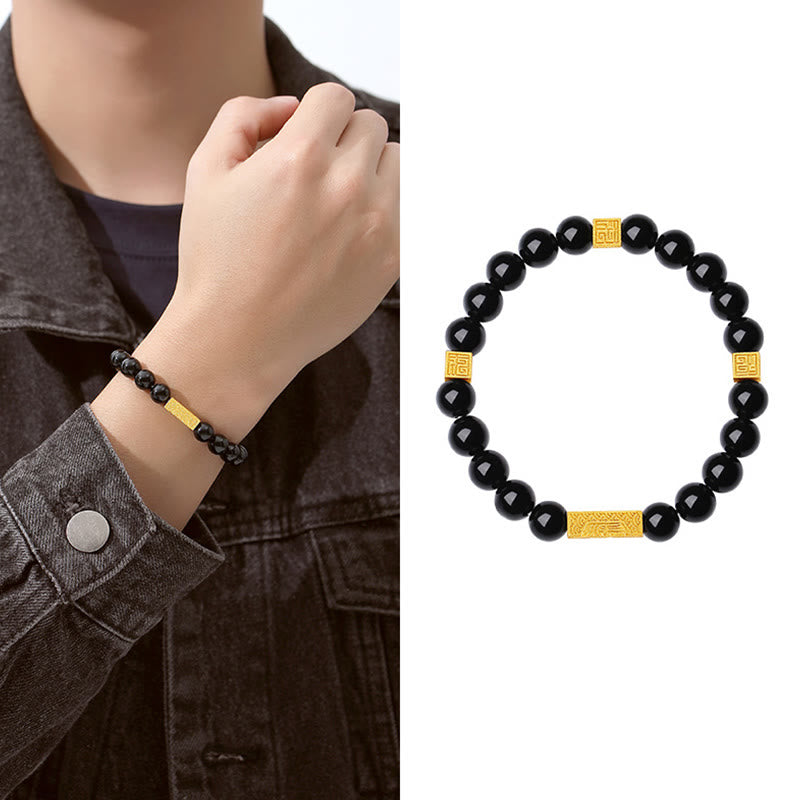 Bracciale Buddha Stones in ossidiana nera, argento sterling 925, carattere Fu, cubo, forza