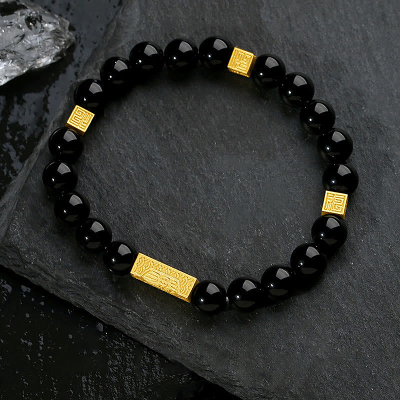 Bracciale Buddha Stones in ossidiana nera, argento sterling 925, carattere Fu, cubo, forza - Nero ossidiana dorato (Circonferenza del polso: 17-19 cm) - image 0