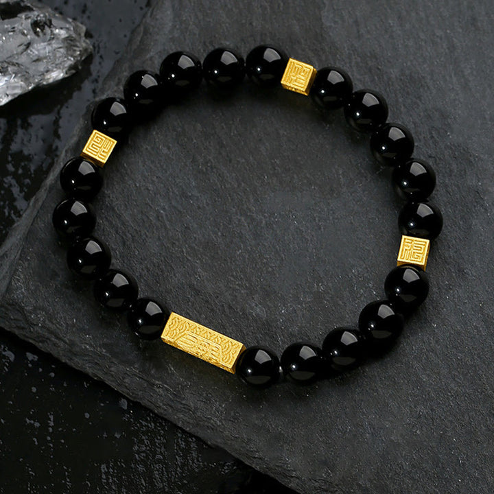 Bracciale Buddha Stones in ossidiana nera, argento sterling 925, carattere Fu, cubo, forza - Nero ossidiana dorato (Circonferenza del polso: 17-19 cm) - image 0
