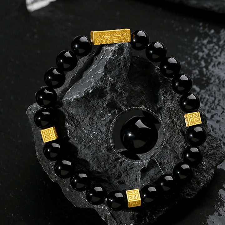 Bracciale Buddha Stones in ossidiana nera, argento sterling 925, carattere Fu, cubo, forza