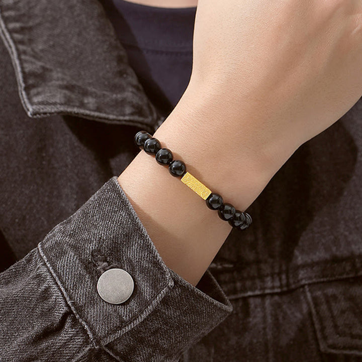 Bracciale Buddha Stones in ossidiana nera, argento sterling 925, carattere Fu, cubo, forza