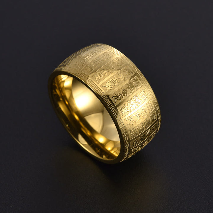 Anello in acciaio al titanio con motivo inciso Buddha Stones caratteri cinesi