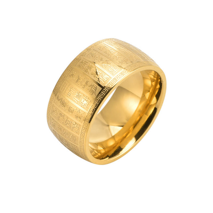 Anello in acciaio al titanio con motivo inciso Buddha Stones caratteri cinesi