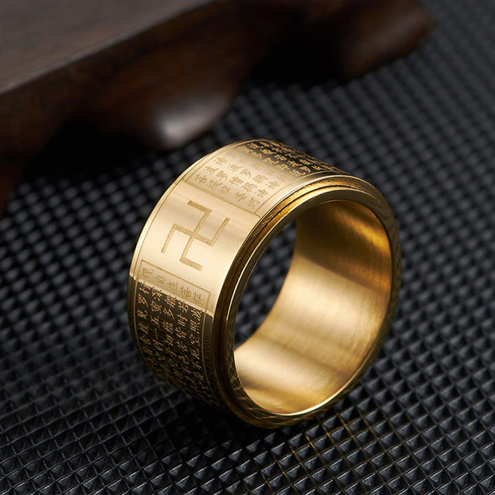 Anello girevole in acciaio al titanio Buddha Stones, Sutra del cuore, svastica