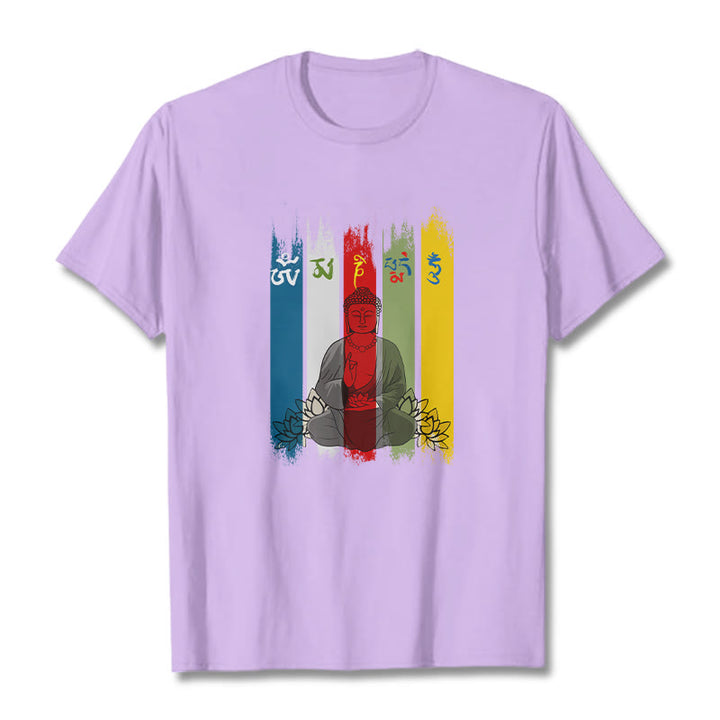 Buddha Stones Sei parole vere 'Om Mani Padme Hum' Buddha seduto con loto Maglietta in cotone - Prugna - 2XL - image 16