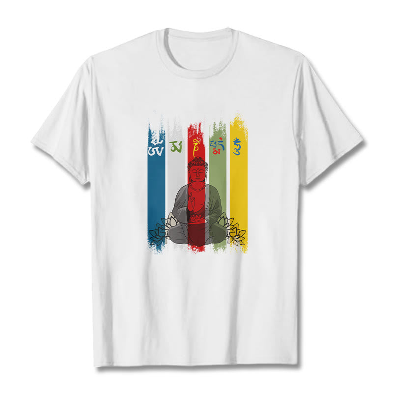 Buddha Stones Sei parole vere 'Om Mani Padme Hum' Buddha seduto con loto Maglietta in cotone - Bianco - 2XL - image 9