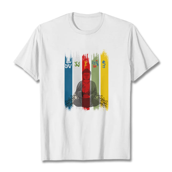 Buddha Stones Sei parole vere 'Om Mani Padme Hum' Buddha seduto con loto Maglietta in cotone - Bianco - 2XL - image 9