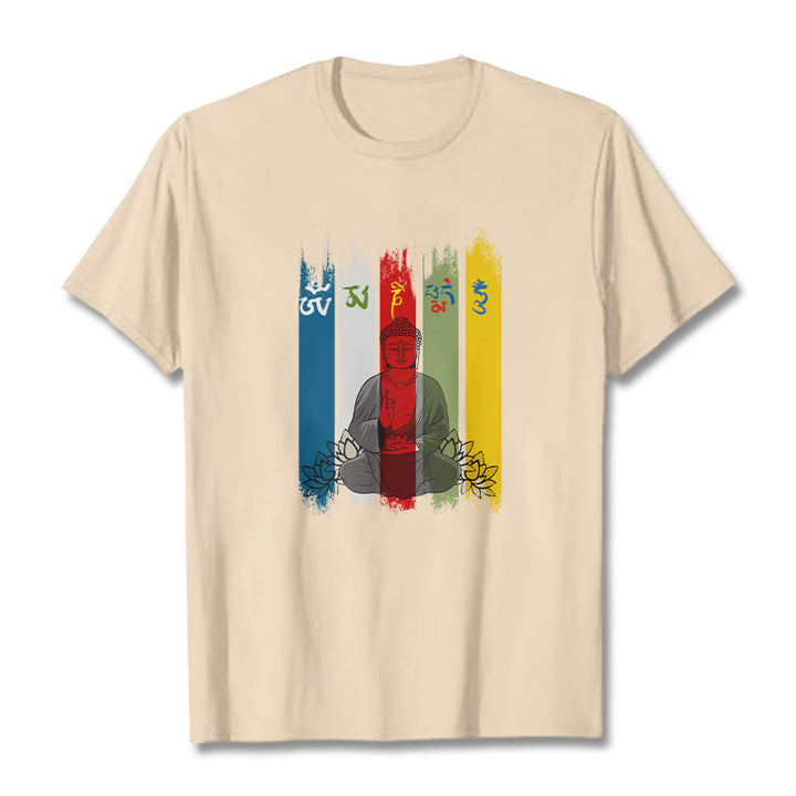 Buddha Stones Sei parole vere 'Om Mani Padme Hum' Buddha seduto con loto Maglietta in cotone - Biscotto - 2XL - image 12