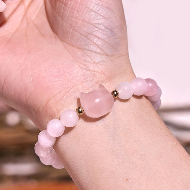 Braccialetto portafortuna con testa di gatto, ametista, avventurina verde, quarzo rosa, fluorite e Buddha Stones