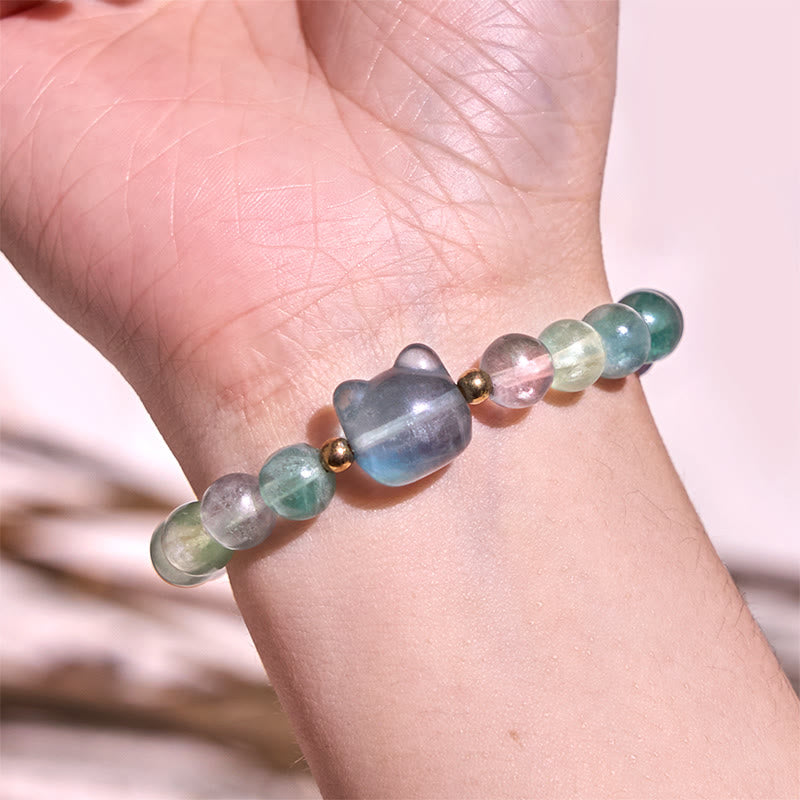 Braccialetto portafortuna con testa di gatto, ametista, avventurina verde, quarzo rosa, fluorite e Buddha Stones