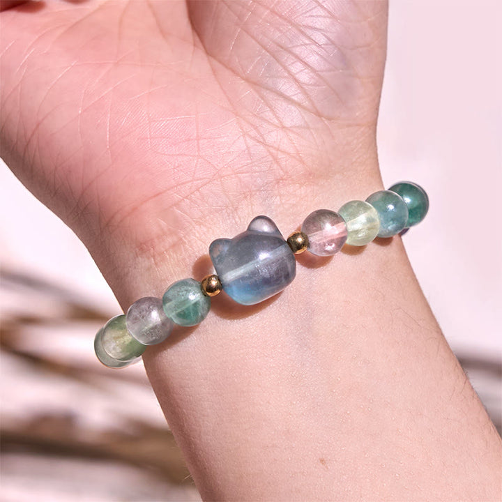 Braccialetto portafortuna con testa di gatto, ametista, avventurina verde, quarzo rosa, fluorite e Buddha Stones