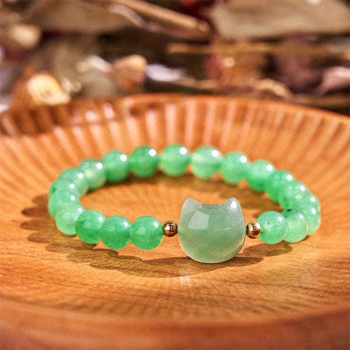 Braccialetto portafortuna con testa di gatto, ametista, avventurina verde, quarzo rosa, fluorite e Buddha Stones
