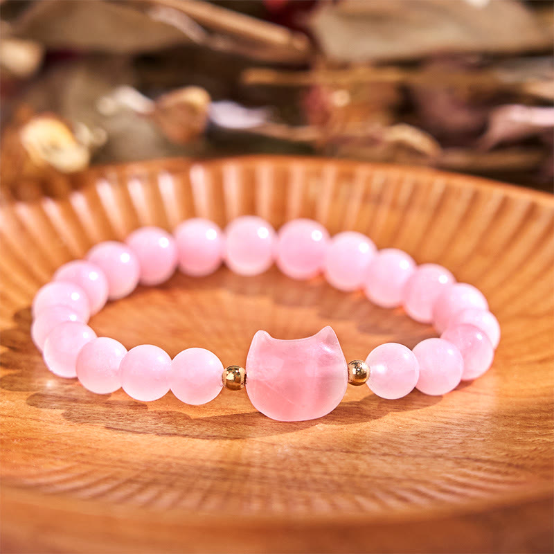 Braccialetto portafortuna con testa di gatto, ametista, avventurina verde, quarzo rosa, fluorite e Buddha Stones