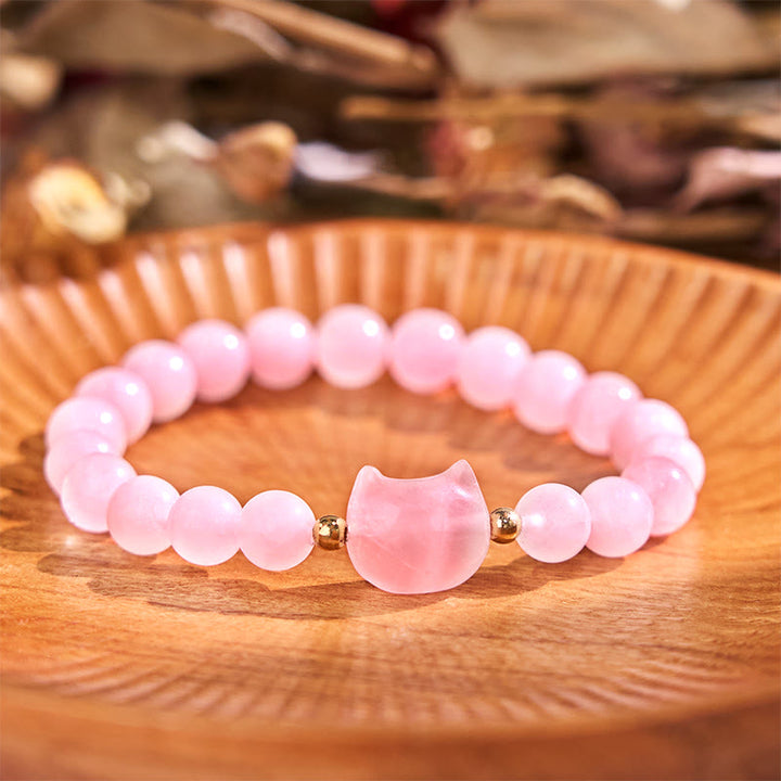 Braccialetto portafortuna con testa di gatto, ametista, avventurina verde, quarzo rosa, fluorite e Buddha Stones