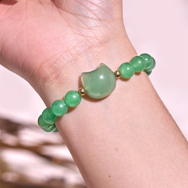Braccialetto portafortuna con testa di gatto, ametista, avventurina verde, quarzo rosa, fluorite e Buddha Stones