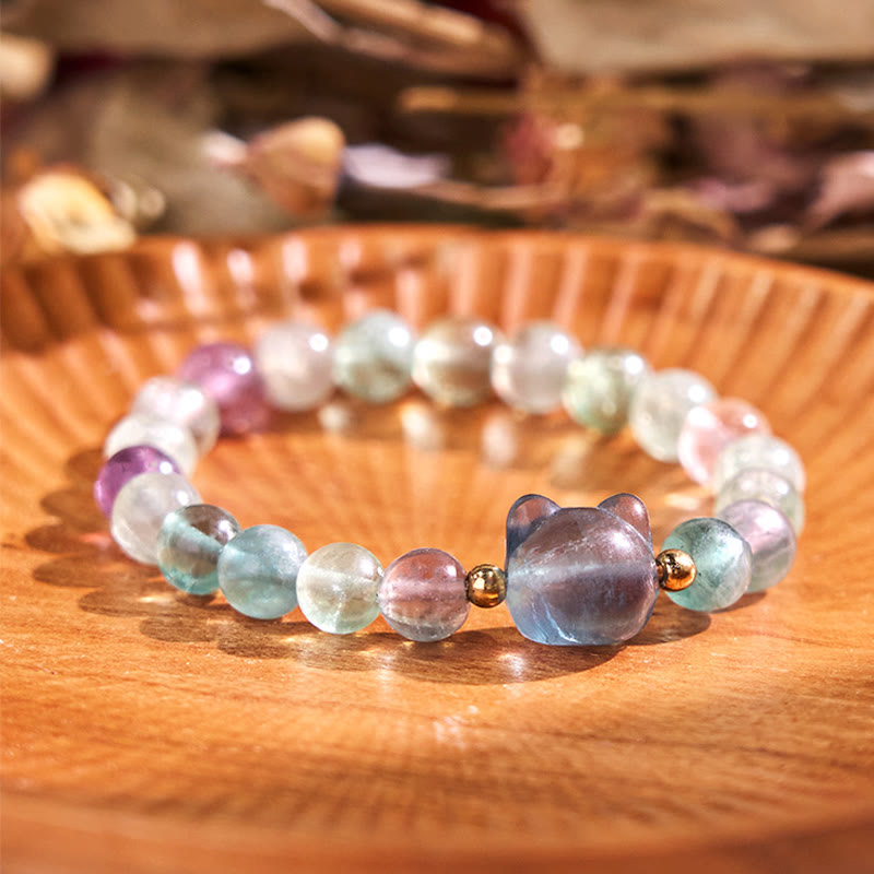 Braccialetto portafortuna con testa di gatto, ametista, avventurina verde, quarzo rosa, fluorite e Buddha Stones