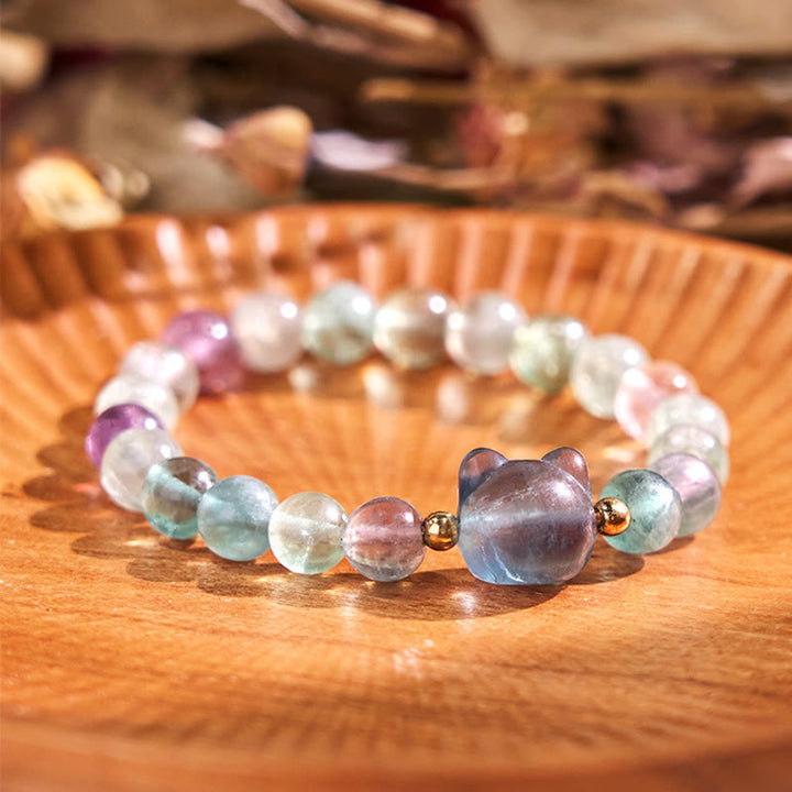 Braccialetto portafortuna con testa di gatto, ametista, avventurina verde, quarzo rosa, fluorite e Buddha Stones