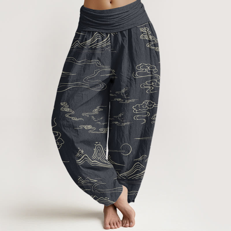 Pantaloni harem elastici in vita da donna con motivo a nuvole di buon auspicio Buddha Stones in montagna - Grigio ardesia chiaro - US22, UK/AU26, EU54 (6XL) - image 1