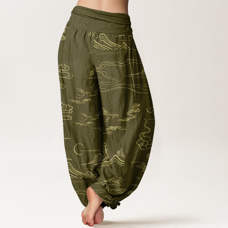 Pantaloni harem elastici in vita da donna con motivo a nuvole di buon auspicio Buddha Stones in montagna - image 7