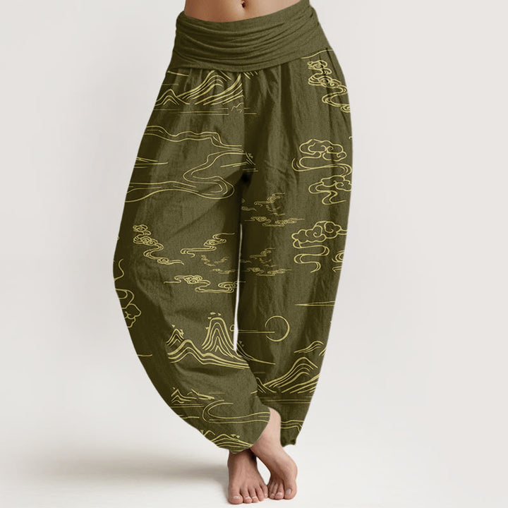 Pantaloni harem da donna con elastico in vita, motivo Buddha Stones Cotton Mountain Moon e nuvole di buon auspicio - DarkKhaki - US22, UK/AU26, EU54 (6XL) - image 4