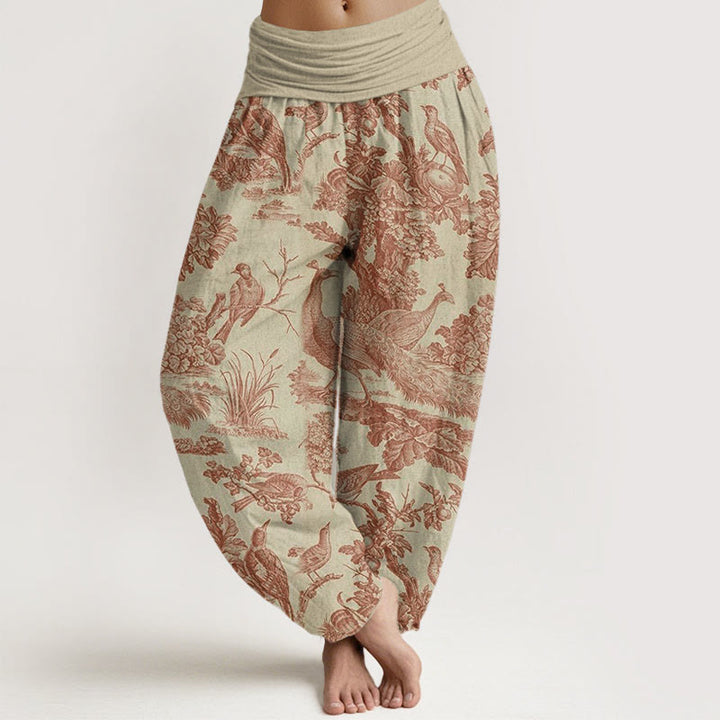 Pantaloni harem da donna con elastico in vita, motivo Buddha Stones Cotton Birds Trees Branches - PaleGoldenrod - US22, UK/AU26, EU54 (6XL) - image 0