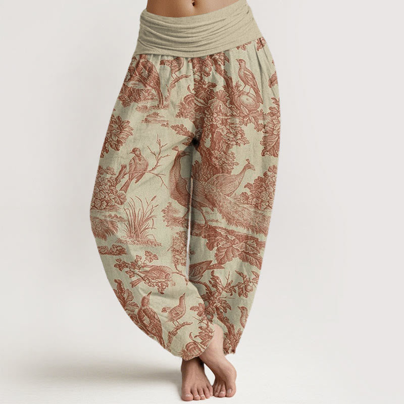 Pantaloni harem da donna con elastico in vita, motivo Buddha Stones Cotton Birds Trees Branches - Verga d'oro pallida - US22, UK/AU26, EU54 (6XL) - image 0