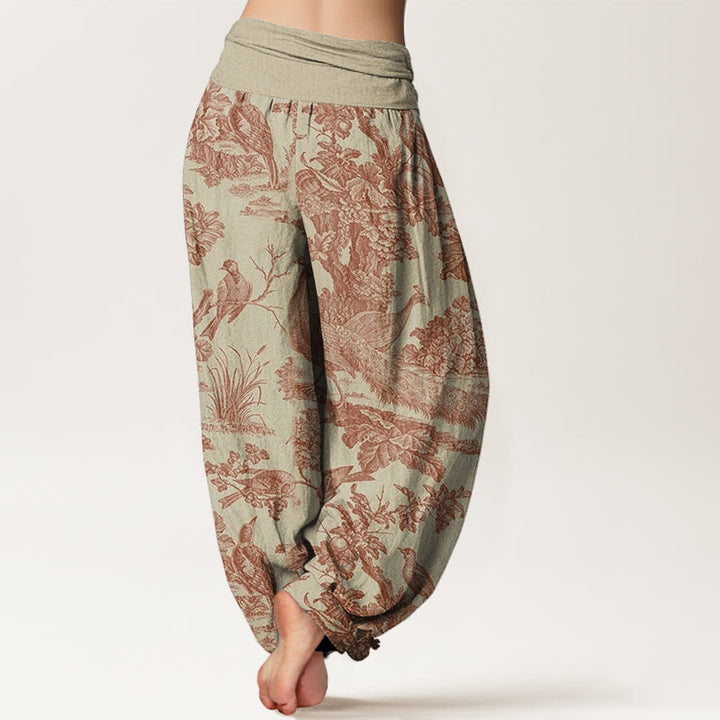 Pantaloni harem elastici in vita da donna con motivo Buddha Stones Birds Trees Rams - image 2