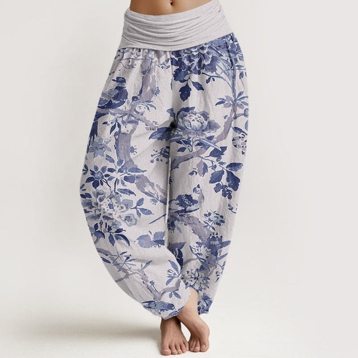 Pantaloni harem elastici in vita da donna con motivo Buddha Stones Birds Rami Flowers - Gainsboro - US22, UK/AU26, EU54 (6XL) - image 8