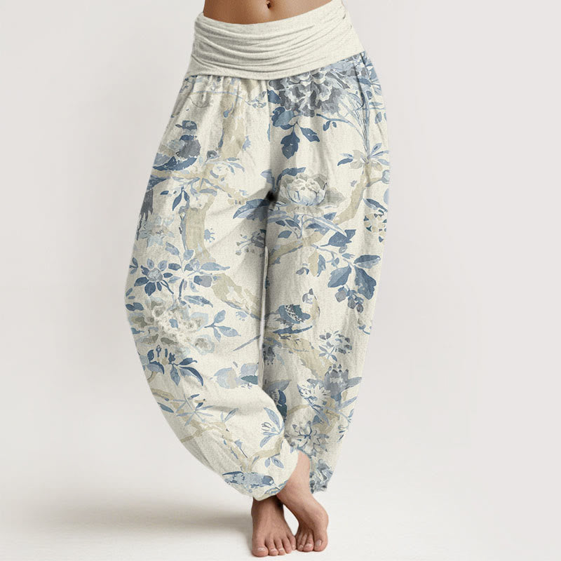 Pantaloni harem elastici in vita da donna con motivo Buddha Stones Birds Rami Flowers - Beige - US22, UK/AU26, EU54 (6XL) - image 1
