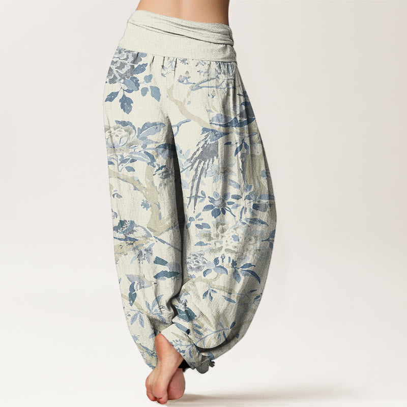Pantaloni harem da donna con elastico in vita, motivo Buddha Stones Cotton Birds Branch Flowers - image 1